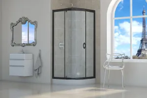 Kabina prysznicowa STYLIO 90x90 transparent, CZARNE PROFILE, jednoskrzydłowa z POLSKIM brodzikiem 